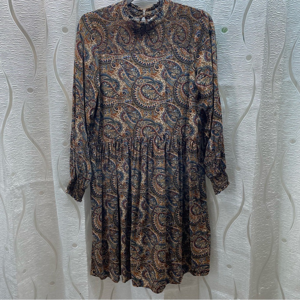 Soyaconcept Paisley Smocked Mock Neck Dress Womens S Brown Blue‎ Boho Babydoll